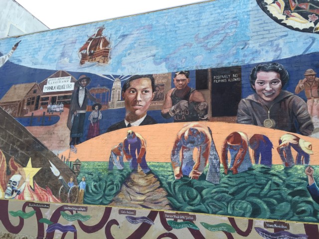 Mural highlighting Carlos Bulosan and the Filipino American farm workers.