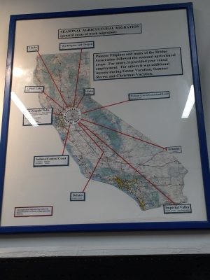 A map of Filipino American farm workers' movement within California. Stockton is the epicenter.